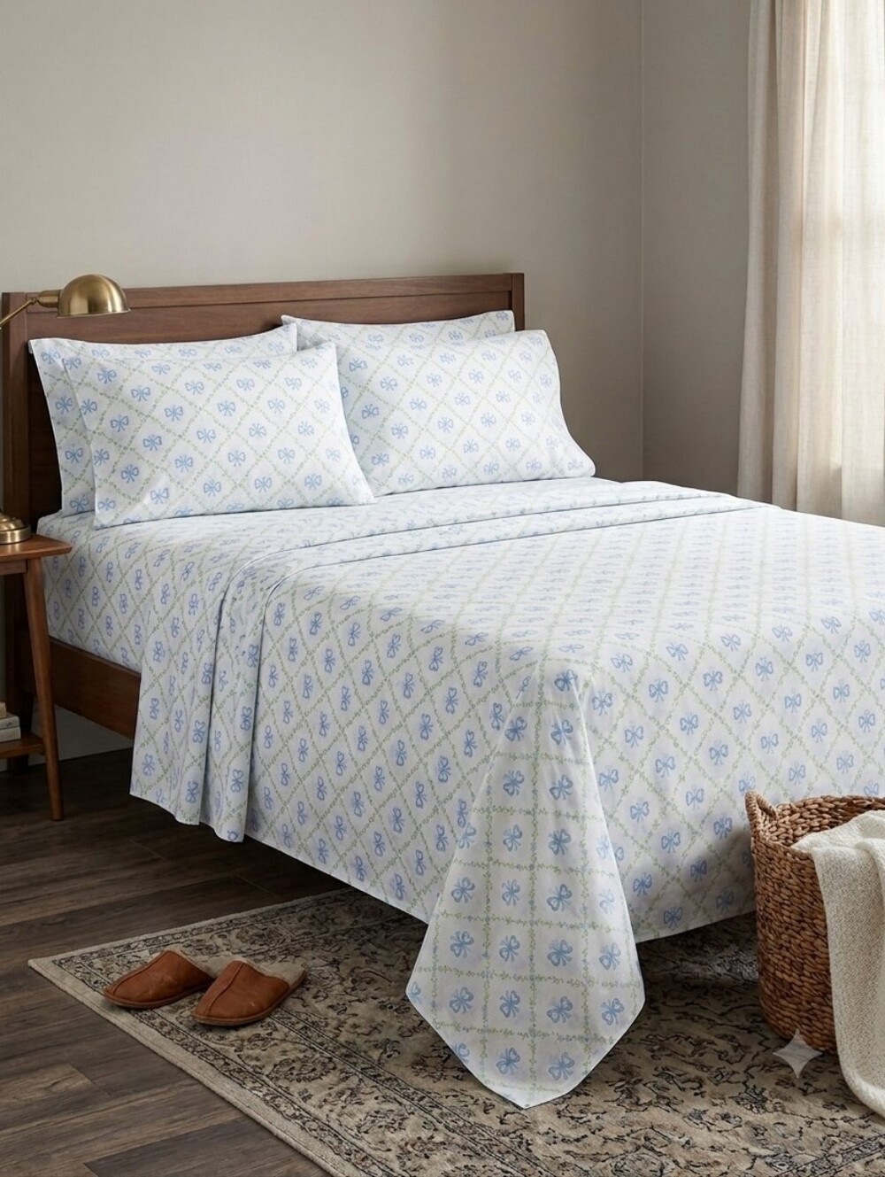NWT! Laura Ashley Kate Bow Blue Floral Full Size Sheet Set 100% Cotton